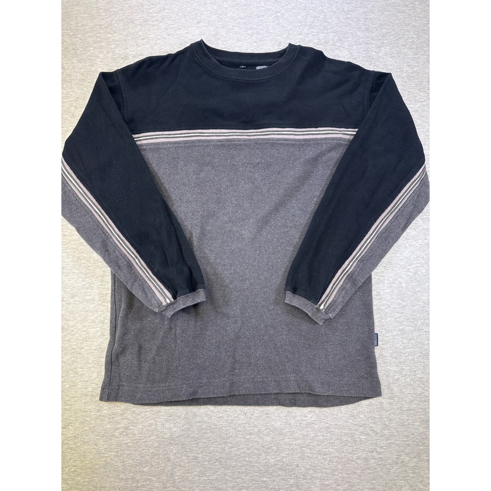 Point Zero Mens L Waffle Knit Shirt Black Grey Colorblock Long Sleeve Thermal